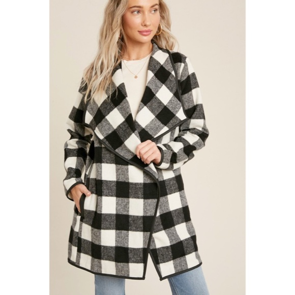 SOLD OUT Black Buffalo Plaid Drape Front Jacket - Picture 3 of 11
